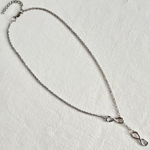Lariat Chain Necklace Double Infinity Silver Tone Pendant - Picture 3 of 9